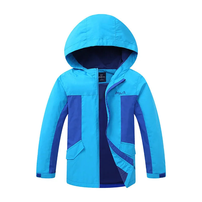 Boys' blue sanded acetate fibre autumn jacket with long sleeves and front zip.