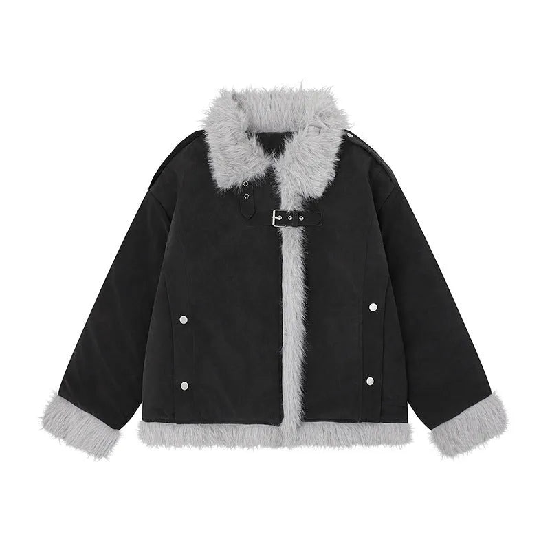 Women's loose-fit retro lamb wool coat in polyester, available in black, brown, and pink