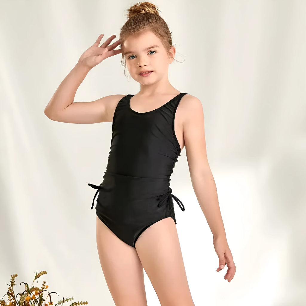 Black solid colour pleated tie swimsuit for girls, polyester spandex, briefs style, Asian sizes 130-160