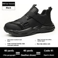 Black safety shoes with steel toe cap, felt buckle closure and anti-puncture sole for workplace protection