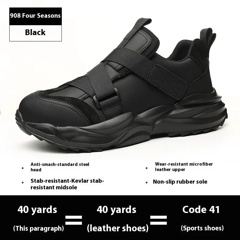 Black safety shoes with steel toe cap, felt buckle closure and anti-puncture sole for workplace protection
