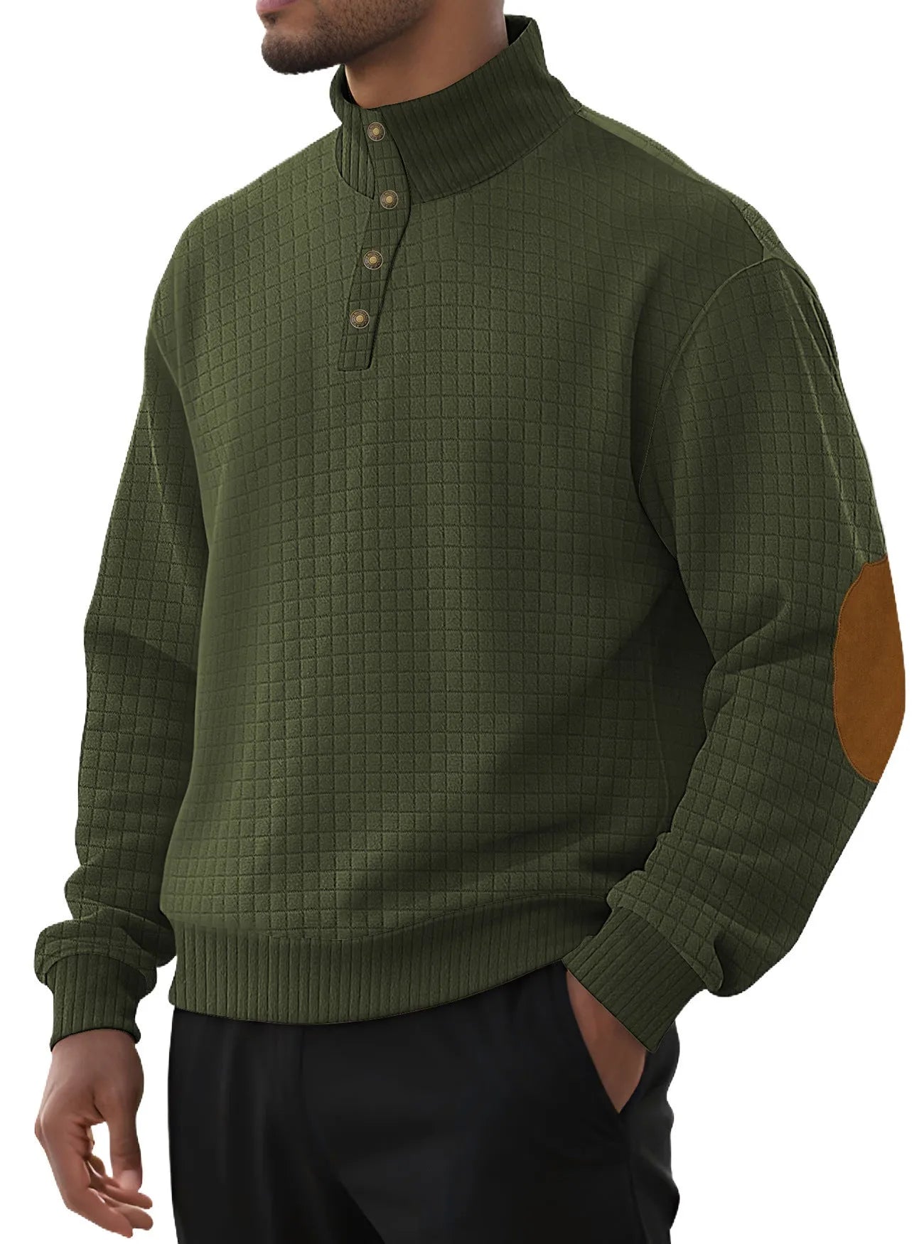 Men's casual jacquard small plaid stand collar long-sleeved sweater in khaki, polyester blend, full front view