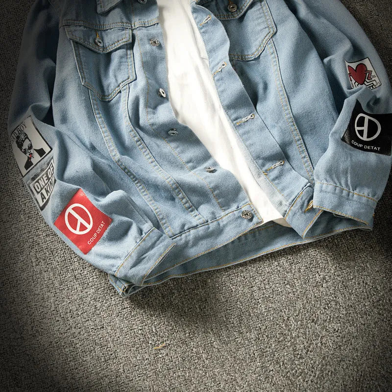 Blue casual denim jacket with lapel collar, loose fit, long sleeves, and multiple pockets