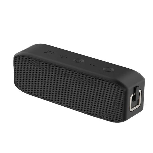 Black waterproof wireless Bluetooth speaker with 20W output and 12-hour battery