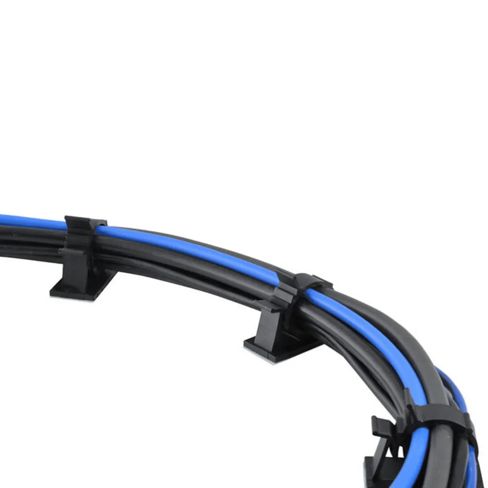 Ten black nylon adhesive cable clamps for wire management, shown with a cable inserted.