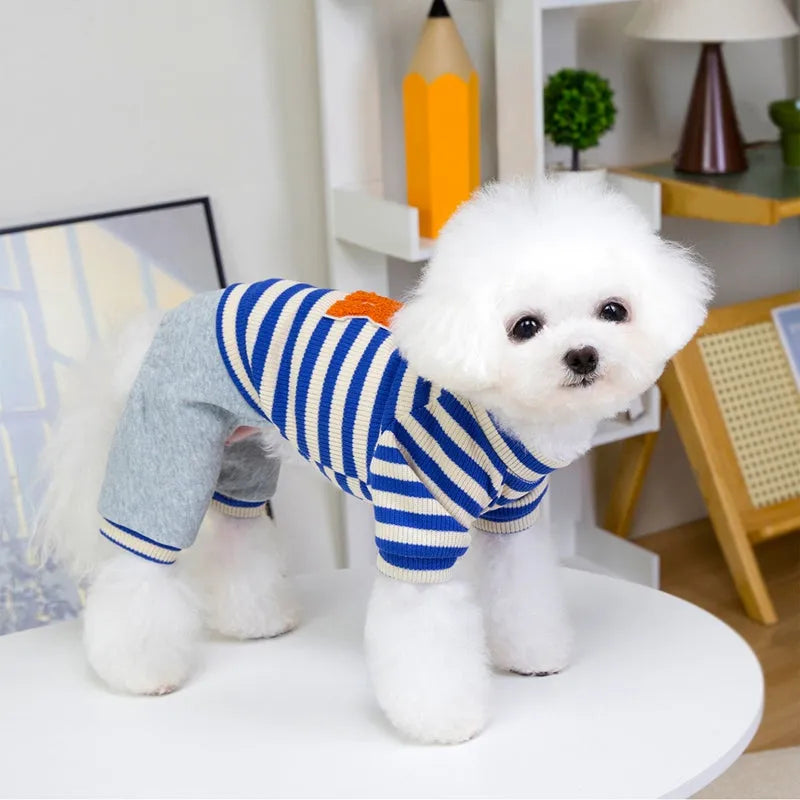 Small medium dog wearing striped four-legged hoodie jumpsuit in black beige colour for autumn winter
