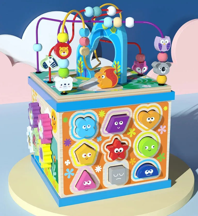 Blue wooden bead treasure box activity centre for toddlers with multi-functional play scenes