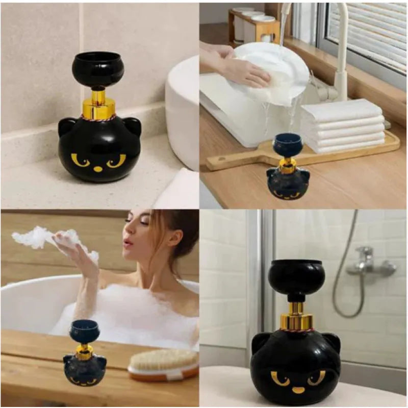 Black cat-shaped cartoon foam soap dispenser with plastic construction