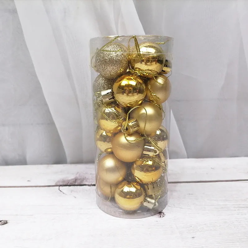 24 gold, red, and silver 3cm plastic Christmas balls with a shiny electroplated finish in a gift box.