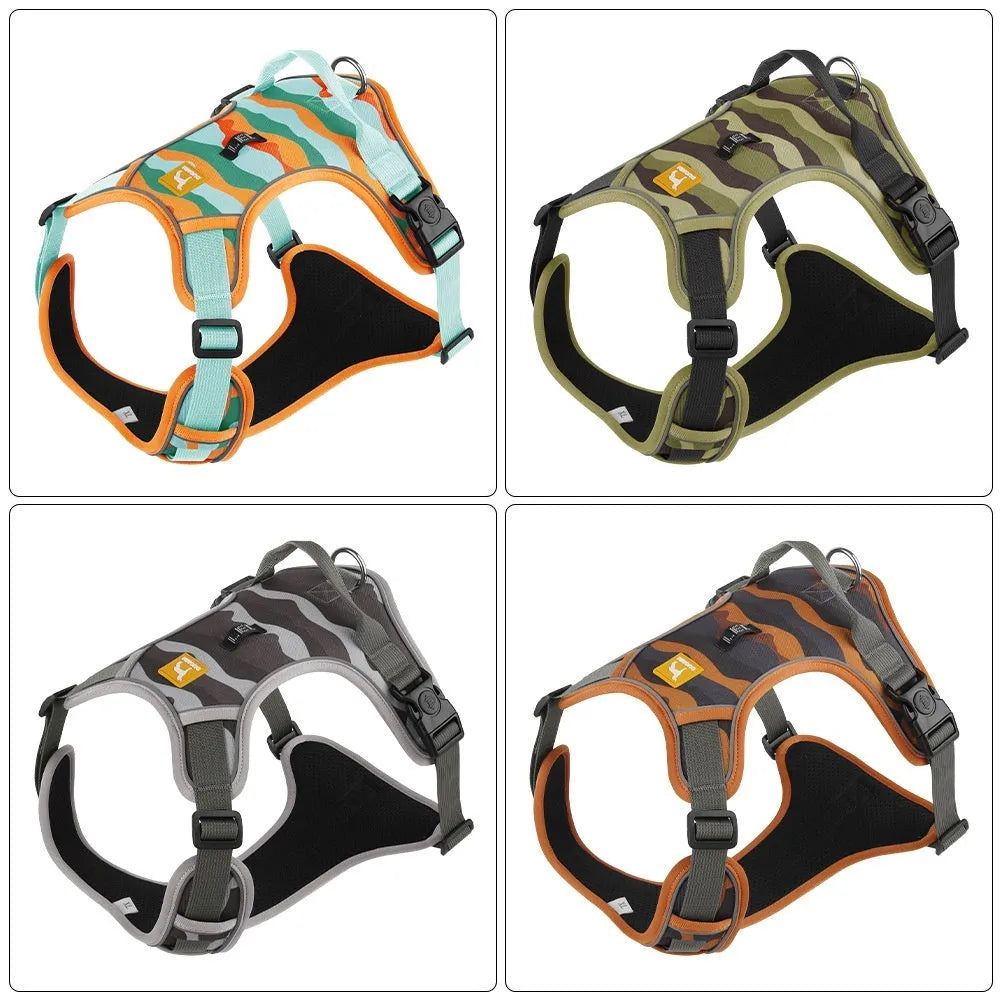 Orange oxford cloth dog harness with reflective strips and an attached hand-holding rope.