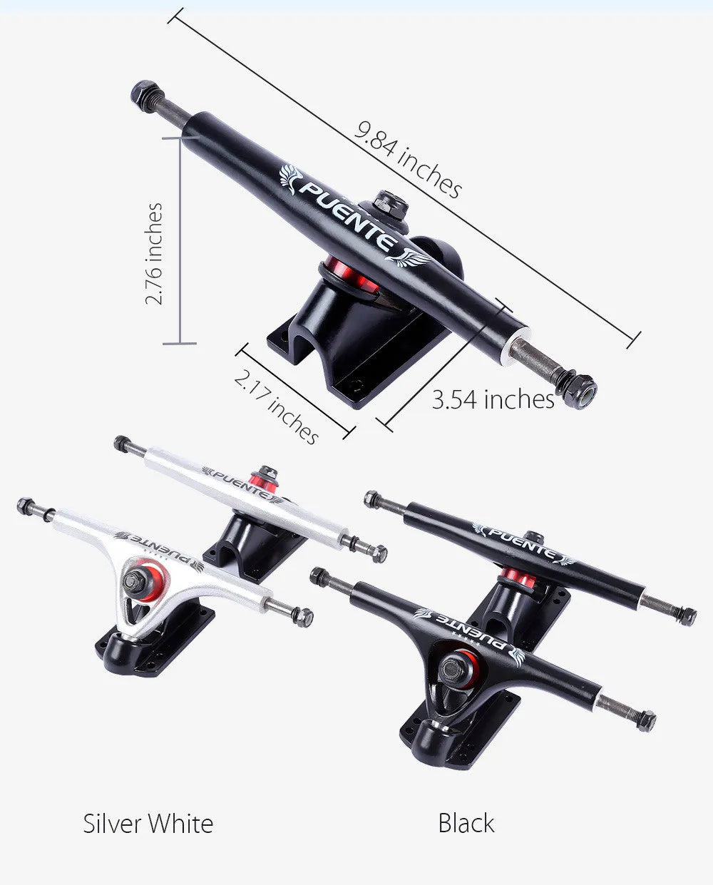 Puente alloy skateboard bracket set in black with hex nut, impact resistant for standard skateboards
