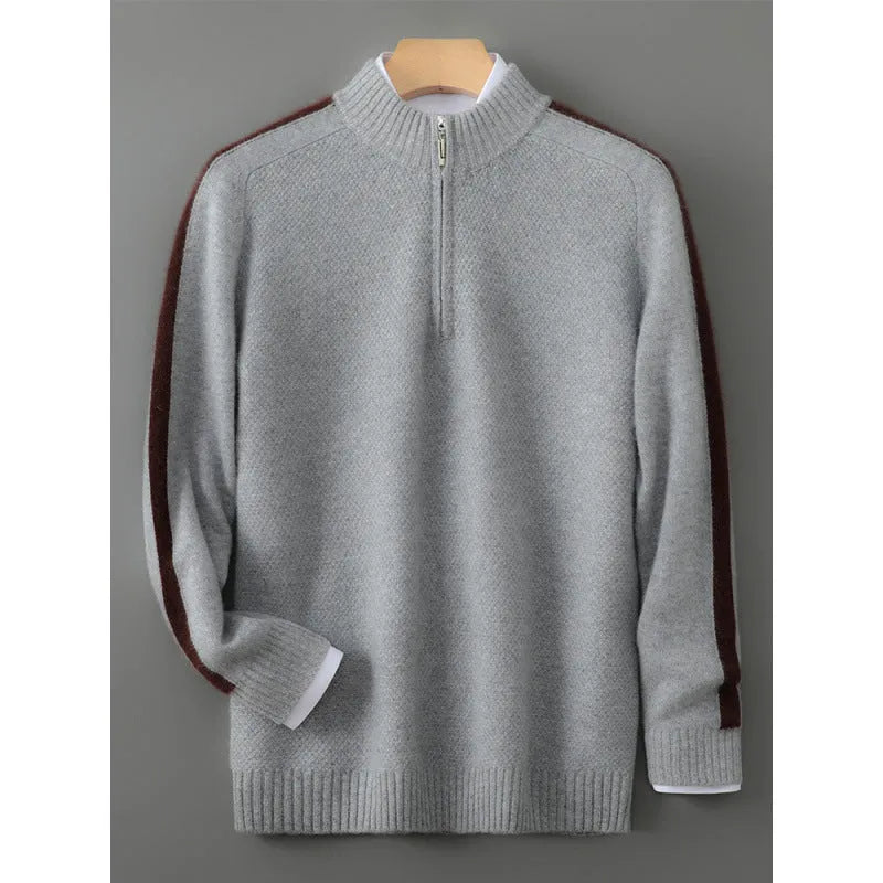Slim-fit half-zip sheep wool sweater in grey, shown on a hanger.