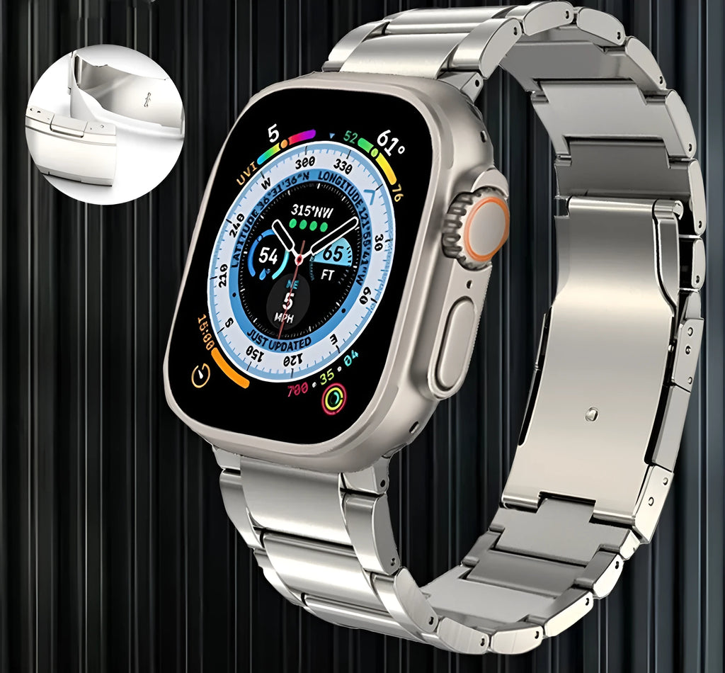Black titanium alloy Apple Watch replacement band with a folding metal buckle.