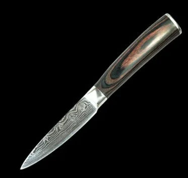 Stainless steel kitchen chef knife with laser Damascus pattern on blade and coloured wood handle.