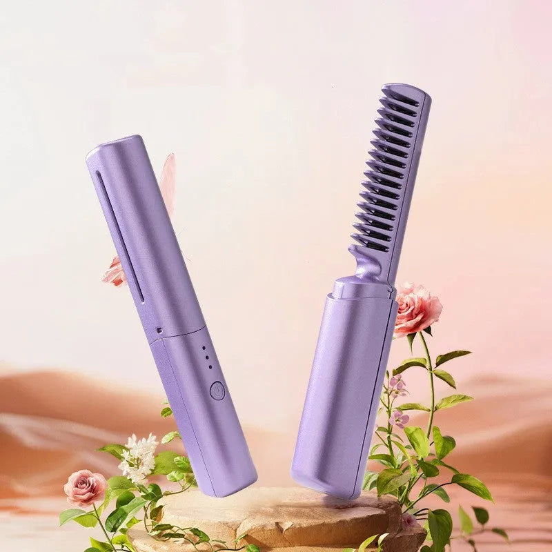 Cordless hair straightener brush with ceramic coating, available in purple, green, and pink, showing compact design