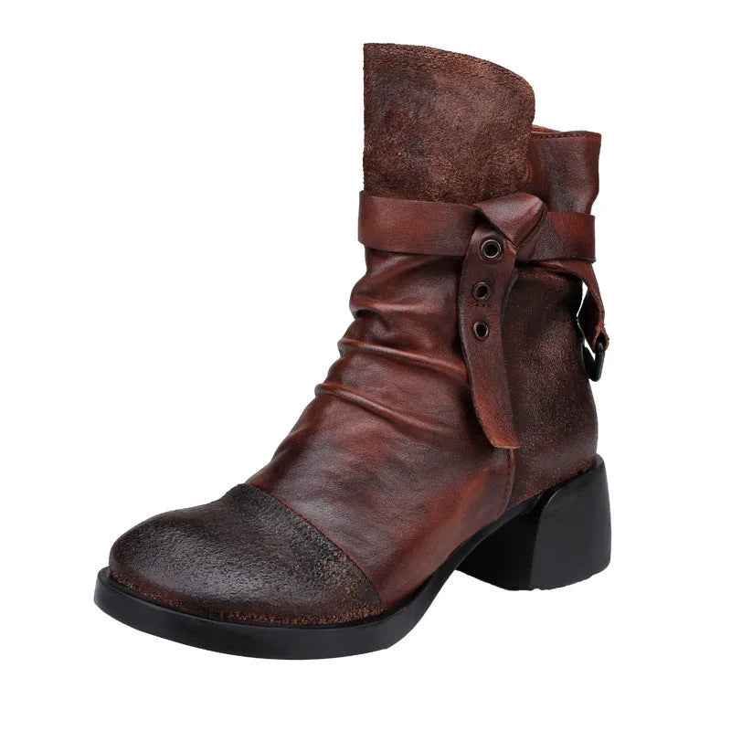 Women's brown retro ankle boots with a chunky block heel and round toe made from genuine leather.