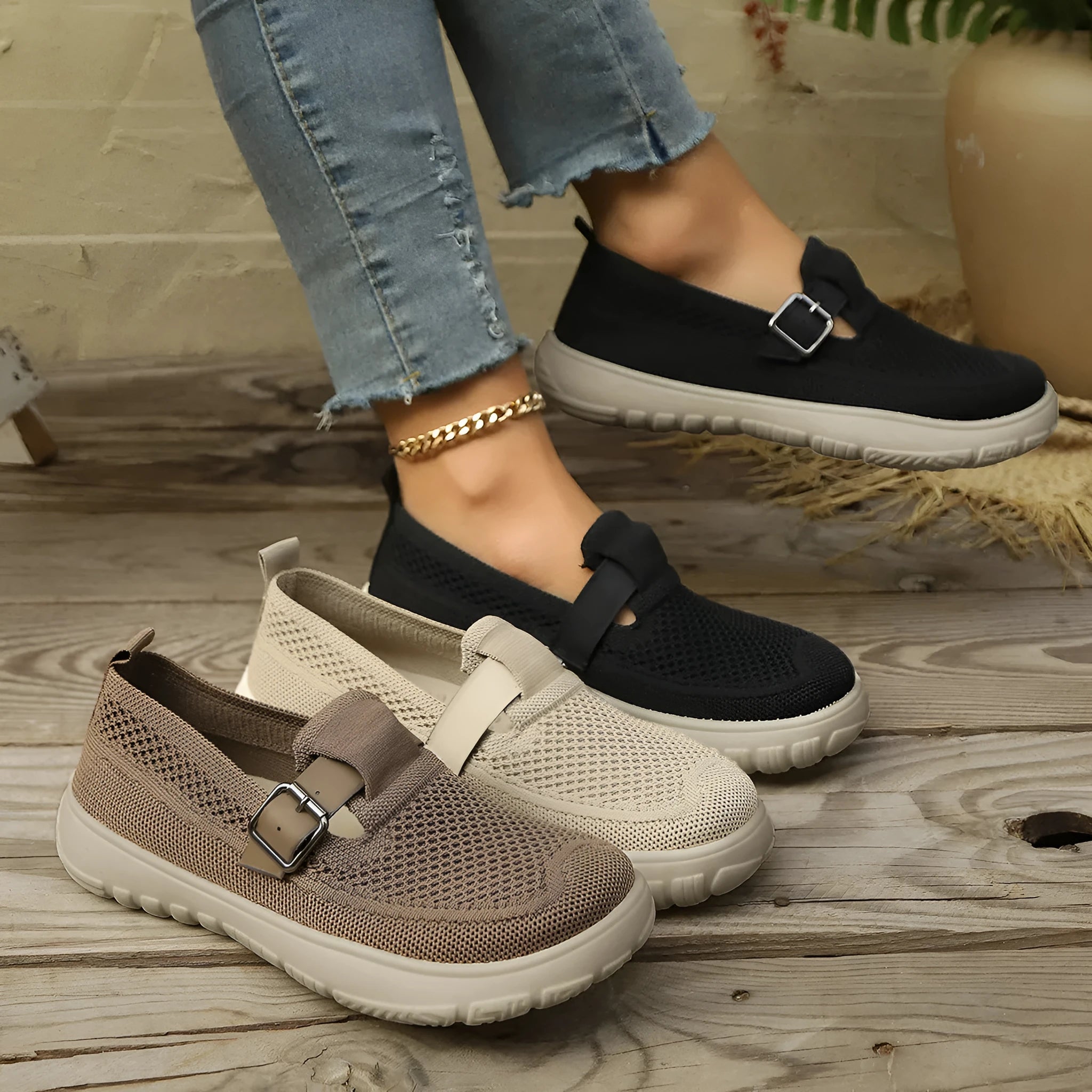 Slip-on sneaker with Flyknit upper, mid-top wedge heel, available in beige, black, brown