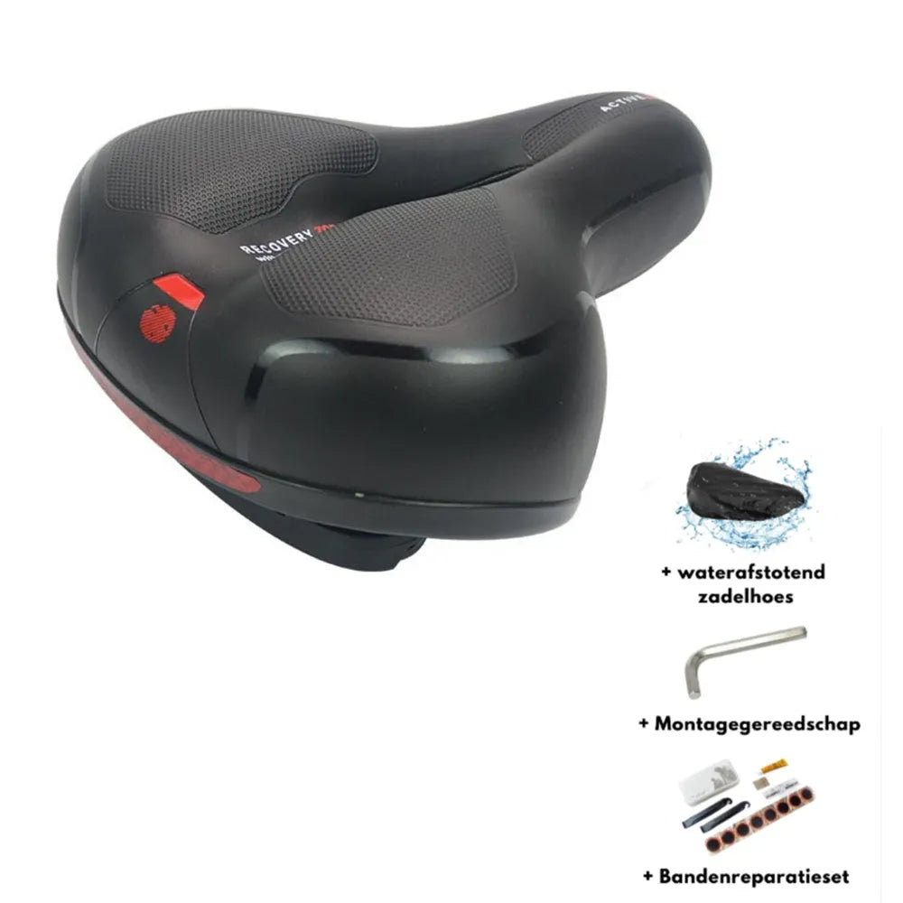Soft silicone bicycle saddle cushion with black PU leather cover, shown with included waterproof cover, wrench, and puncture repair kit.