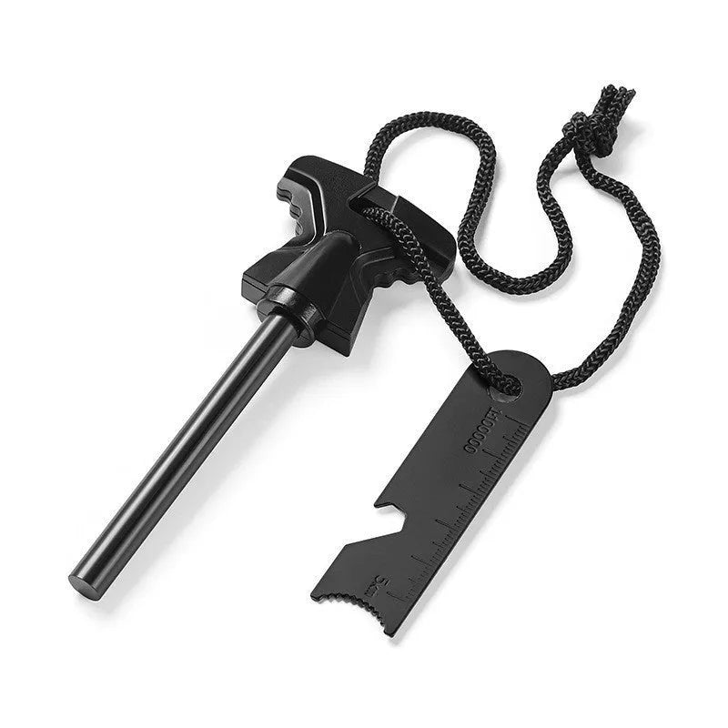 Butterfly-shaped stainless steel outdoor survival tool with firestone and bottle opener, 117mm long.