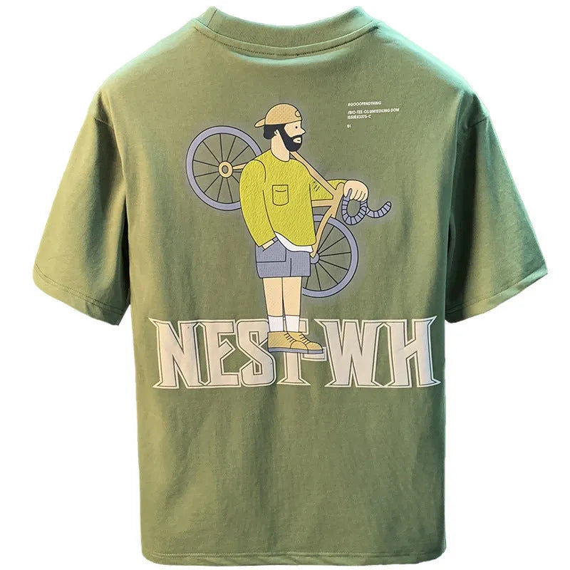 Green printed men's T-shirt with loose fit short sleeves displayed in multiple size options