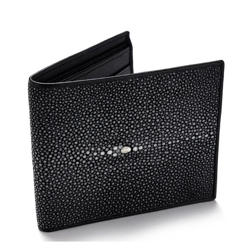 Pearl fishskin texture genuine leather wallet with horizontal square shape and sewing thread detail