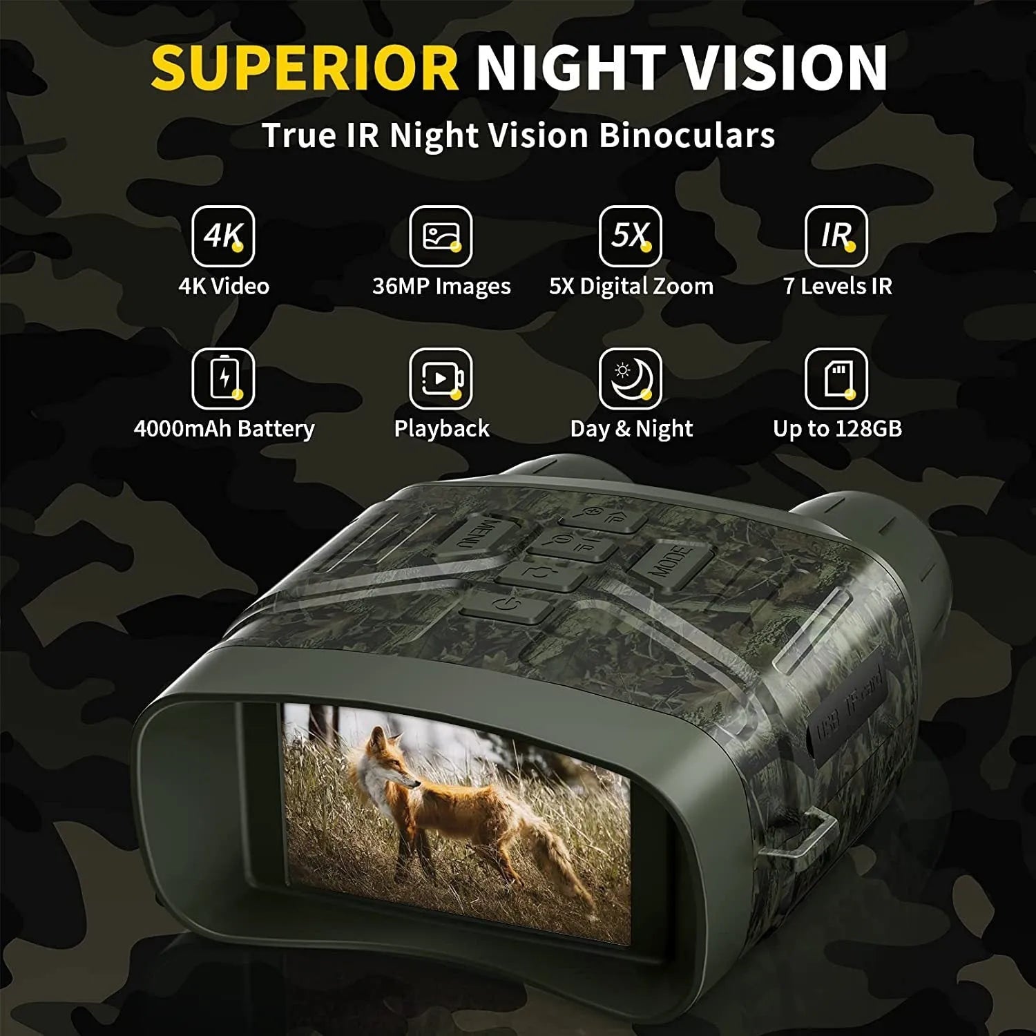 Black 4K night vision instrument with 3-inch screen showing night vision display