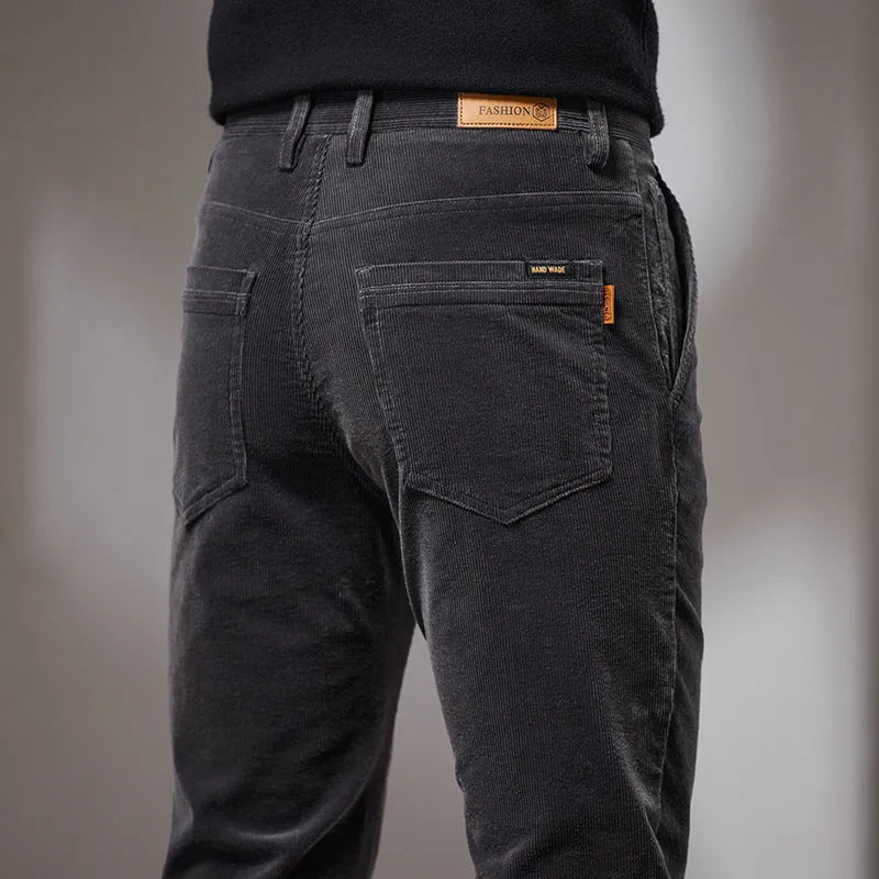 Slim fit straight corduroy trousers in cotton for men, mid waist, available in black, dark gray, navy blue, brown