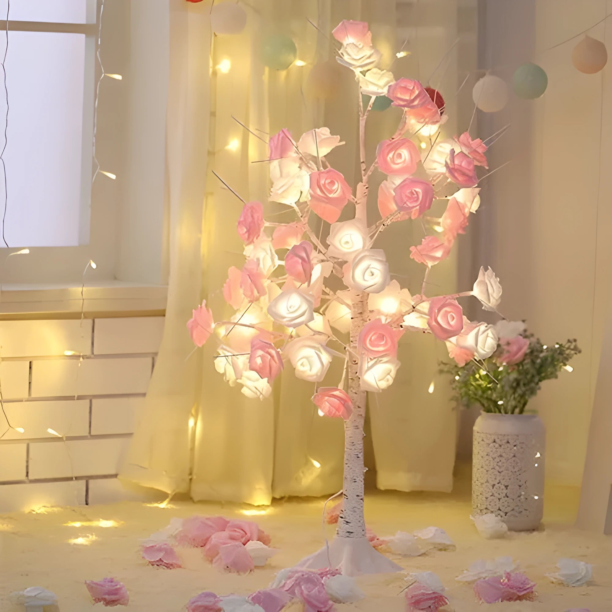 Christmas Rose Shining Tree Lamp 60cm with 24 flower-shaped pink and white rose lights on a PVC shell