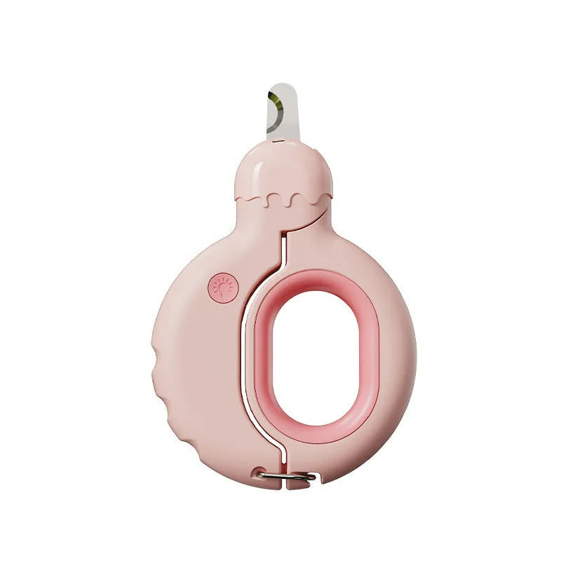 Blue pet nail clippers with LED light on, showing ergonomic non-slip handles and stainless steel cutting blades
