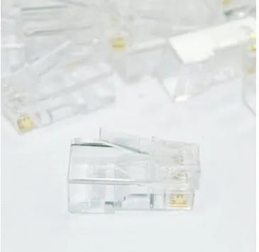 White RJ45 network modular plug with gold-plated contacts for Ethernet cable termination