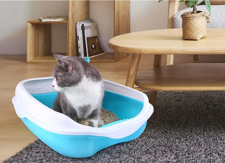 Semi enclosed thickened plastic cat litter box in blue with cat shovel, large size 46x36x17.5 cm