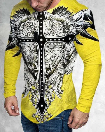 Men's 3D print graphic crew neck T-shirt in G5Z colour, slim fit, 90% polyester