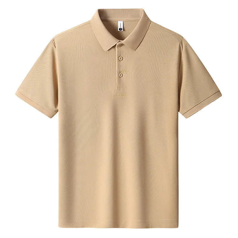 Men's loose grey cotton T-shirt with a letter print on the front, showing short sleeves and a round neck.
