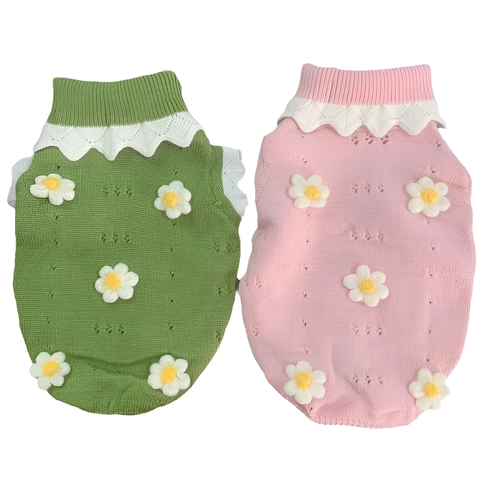 Green floral knitted dog sweater on a small dog, showing the pullover design and blossom pattern.