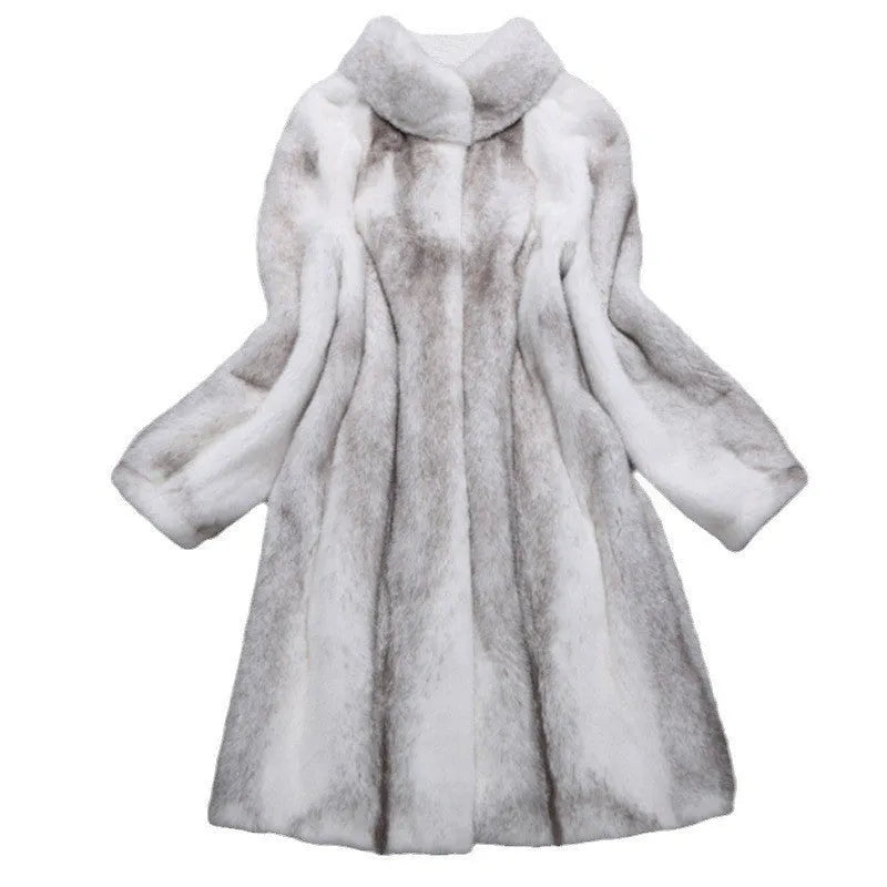 White full-length faux fur coat for women with a stand-up collar.