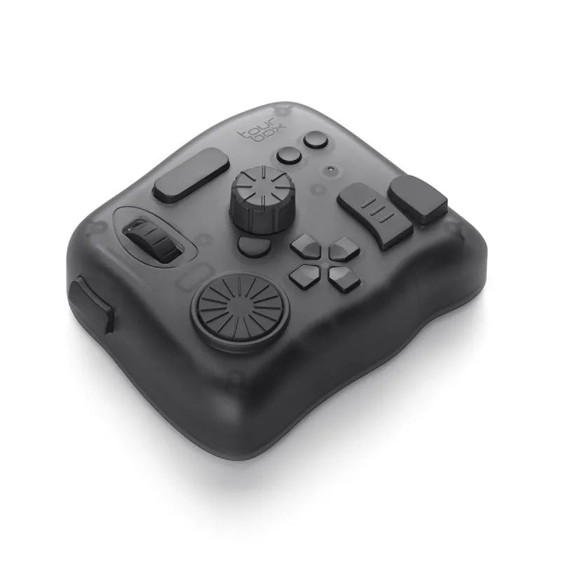 TourBox NEO video editing controller auxiliary keyboard with dials and buttons on a black PC+ABS housing.