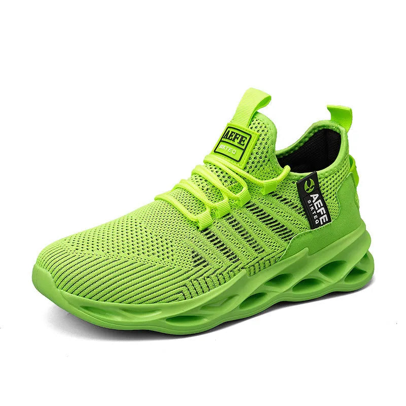 Men's black mesh casual running shoes with cross strap detailing and round toe, shown on a plain background.
