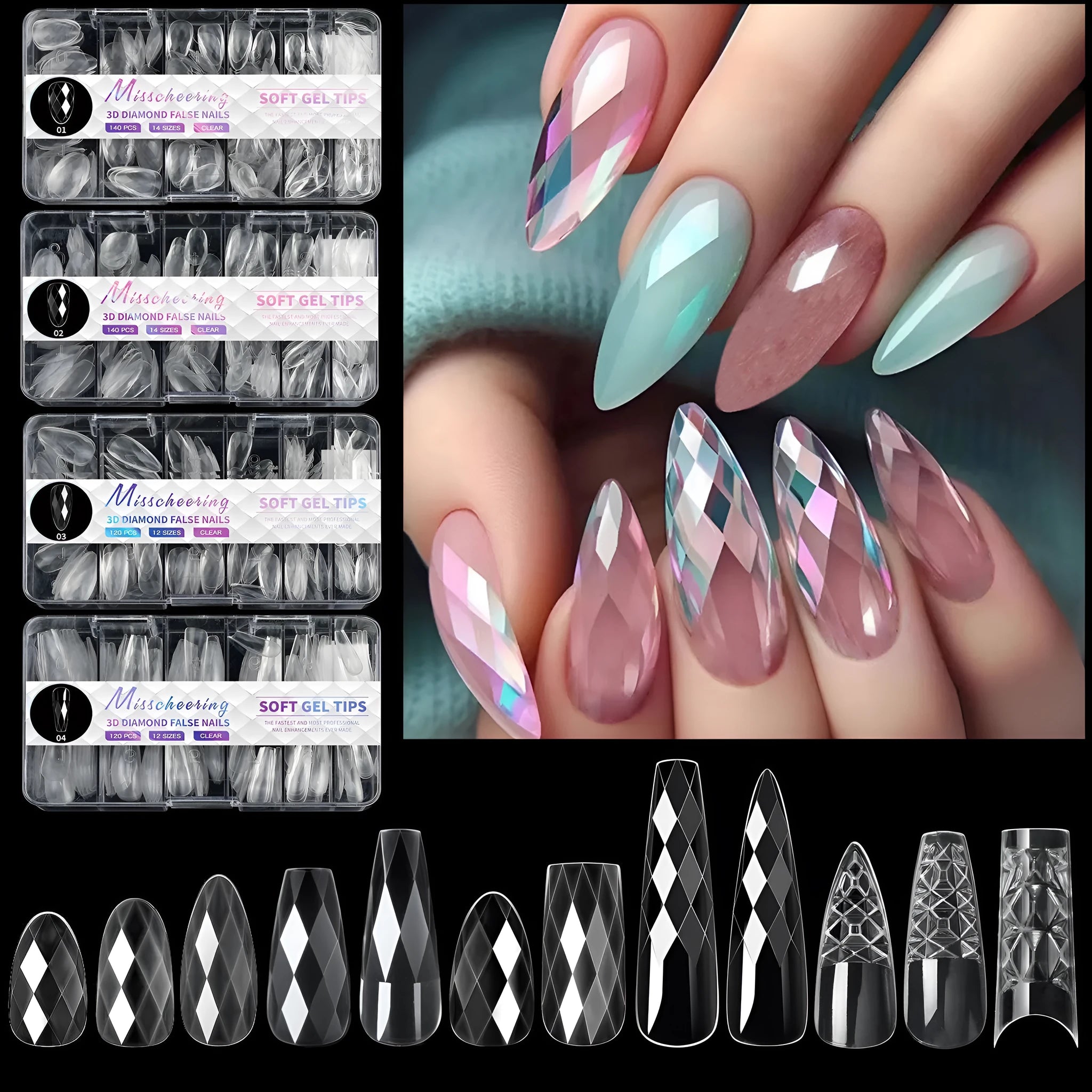 3D diamond pattern long nail tips in glitter colours for nail art enhancement