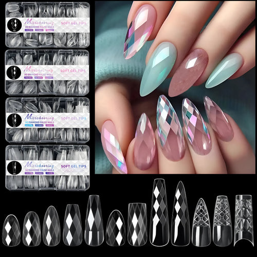 3D diamond pattern long nail tips in glitter colours for nail art enhancement