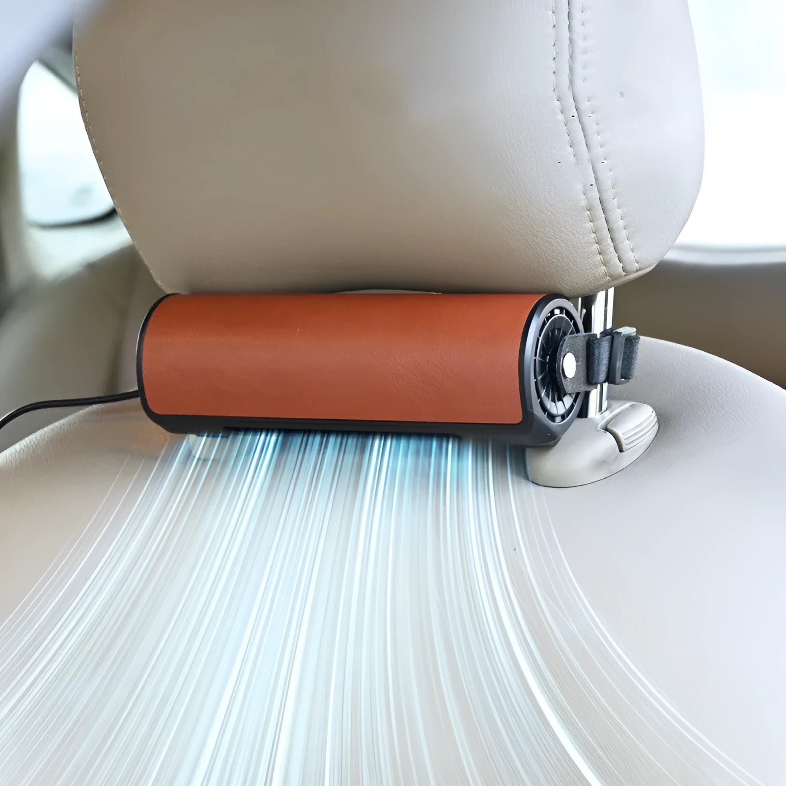 USB car rear seat fan unit with 1.5 metre cable in black colour showing compact 57mm dimensions