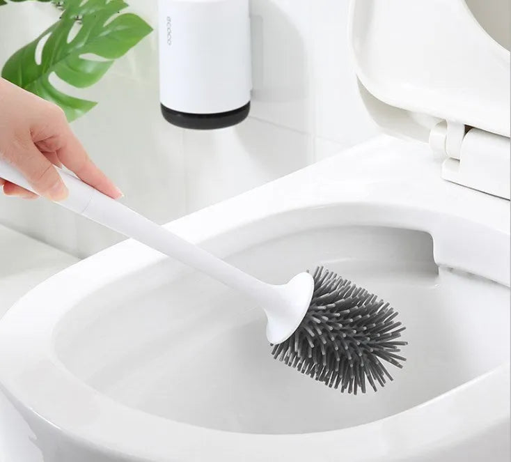 White and black non-stick TPR toilet brush with hollowed plastic body, 41cm tall, floor standing style