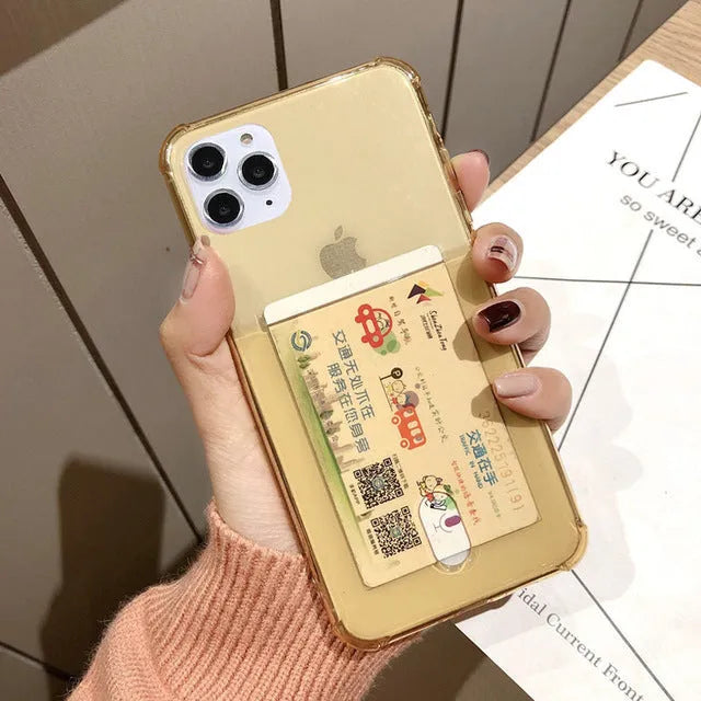 Transparent silicone card holder iPhone case showing card storage compartment with solid colour back cover