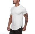 Custom mens fitness sports shirt in cotton-spandex blend, showing colour options: Army Green, Black, and White, some with a letter print.