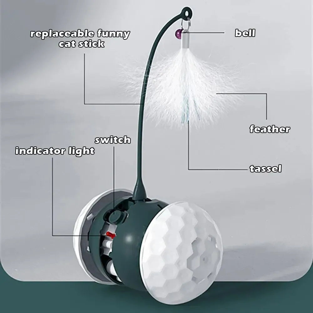 Red automatic cat toy with feather attachment showing tumbler design and USB charging port
