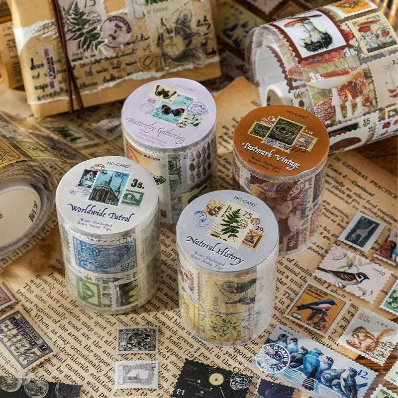 Roll of retro-themed decorative paper stickers for DIY journals, showing butterfly, forest, bird, and mushroom designs.