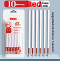 A pack of 10 quick-drying pen refills in black, red, blue, and ink blue colours.