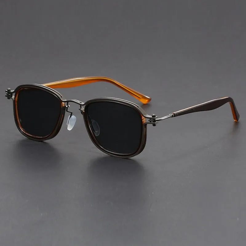 Retro square sunglasses with a hybrid metal and plastic frame, featuring decorative lightning patterns, shown in the Hawksbill Tea colour variant.