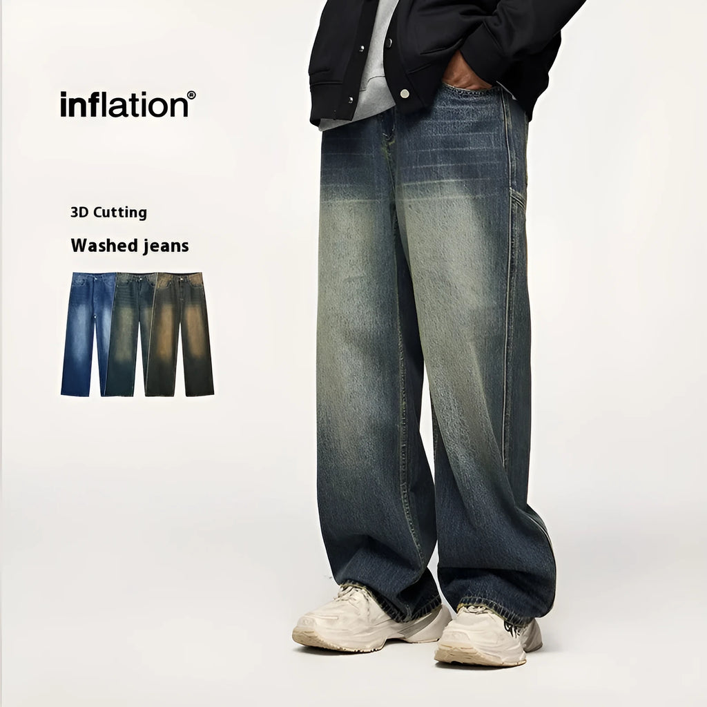 Men's washed wide leg jeans in vintage blue with straight leg cut and mid waist design