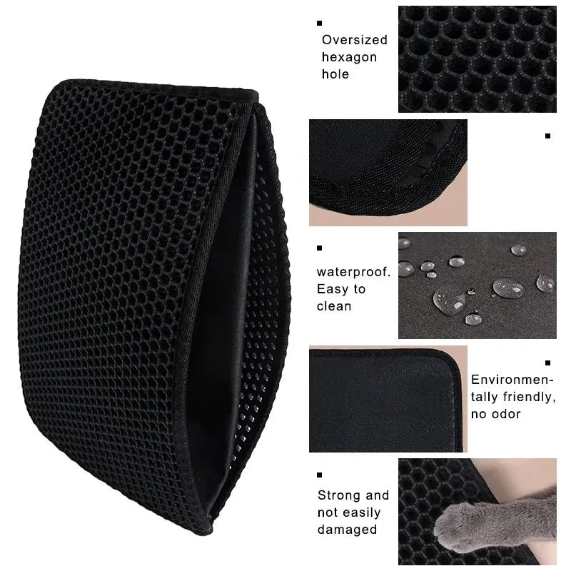 Black waterproof EVA cat litter mat with honeycomb surface for trapping litter, shown next to a litter box.