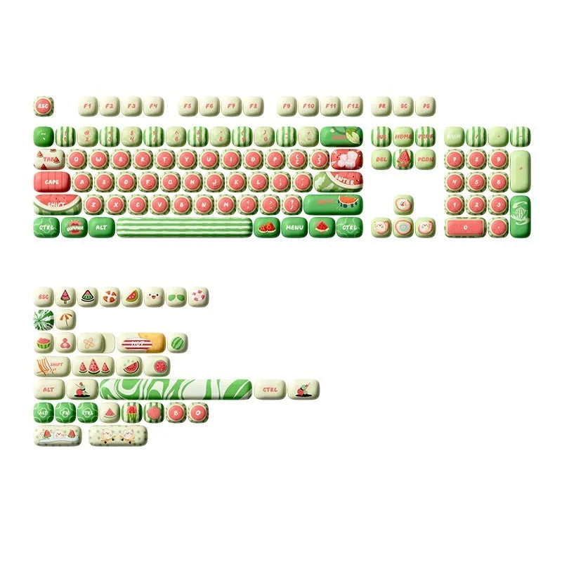 Set of 138 PBT mechanical keyboard key caps with watermelon theme design and mushroom MOG height profile